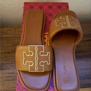Tory Burch Brown Slides with Gold Logo